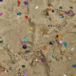 Der Sand eines Sandkastens mit lauter bunten Dingen drin