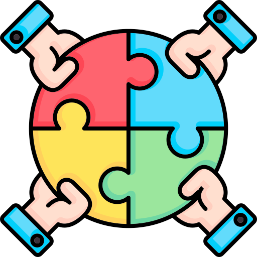 Zeichnung von vier Händen, die jeweils ein Puzzelstück halten und in der Mitte zusammensetzen