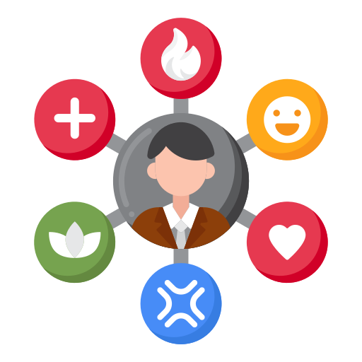 Zeichnung eines Kopfes, von dem sechs Blasen abgehen mit jeweils einem Symbol, einem Plus, einer Flamme, einem Emoji, einem Herz, einem anderen Symbol und einem Blatt